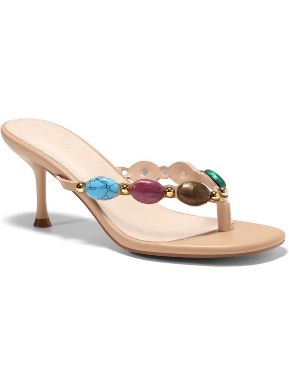Boho Jeweled Heeled Sandals - Kitten Heel Backless Open Toe Flip Flops for